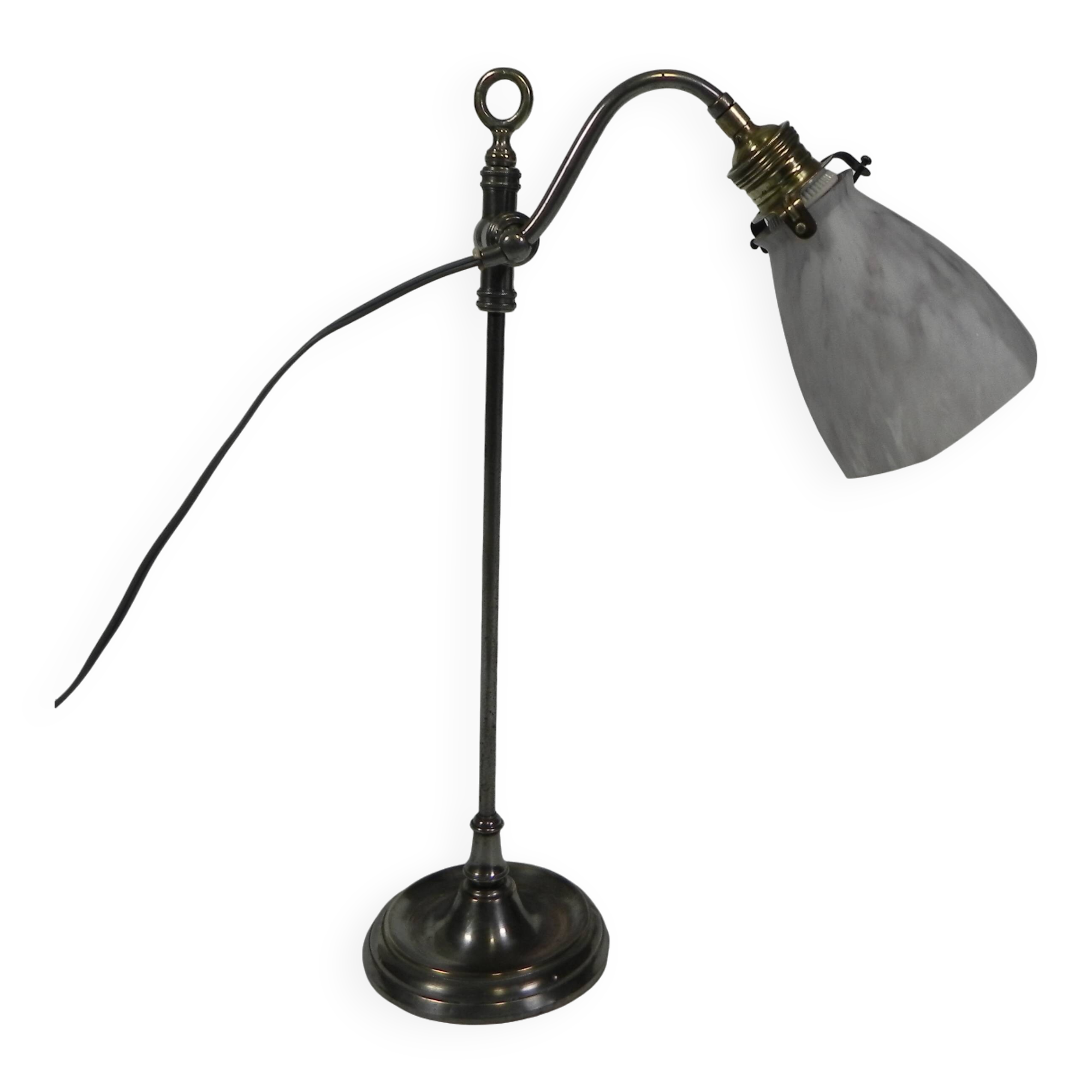 Lampe de bureau française avec abat-jour en verre, réglable, années 1930