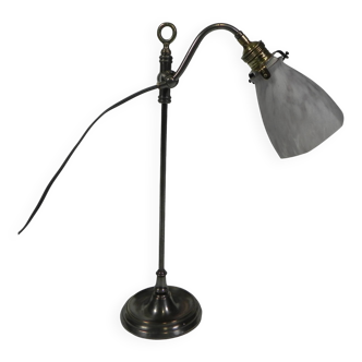 Lampe de bureau française avec abat-jour en verre, réglable, années 1930