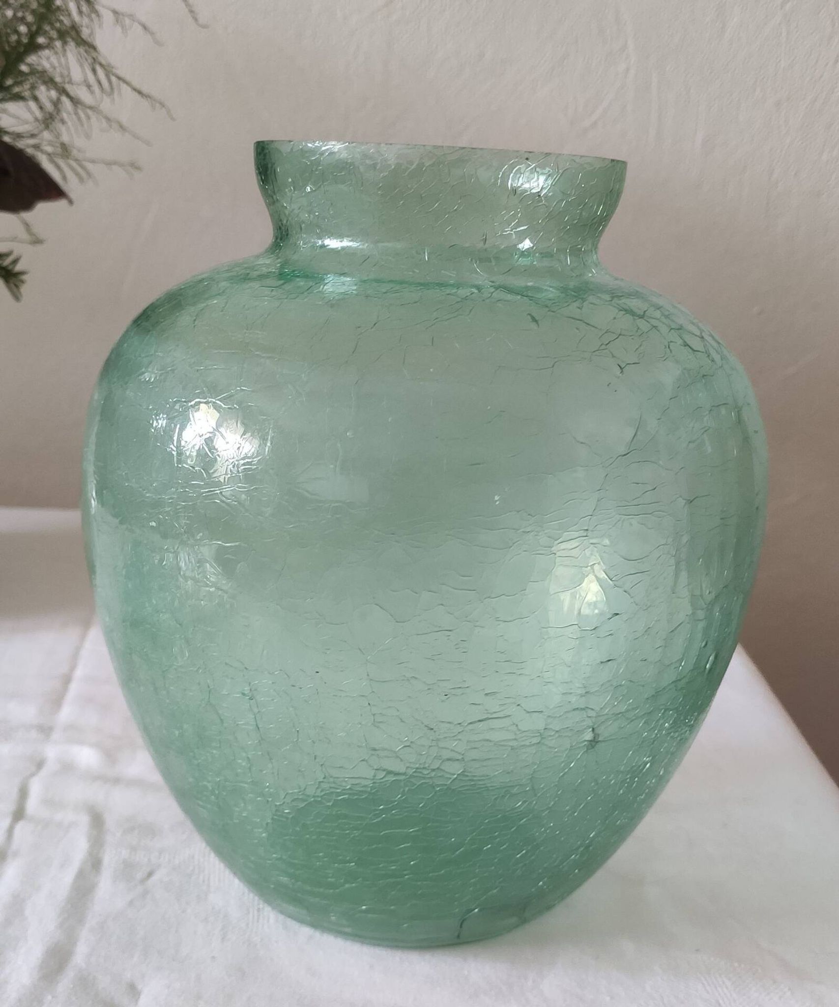 Cracked glass round vase in water green, 19 cm