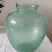 Cracked glass round vase in water green, 19 cm