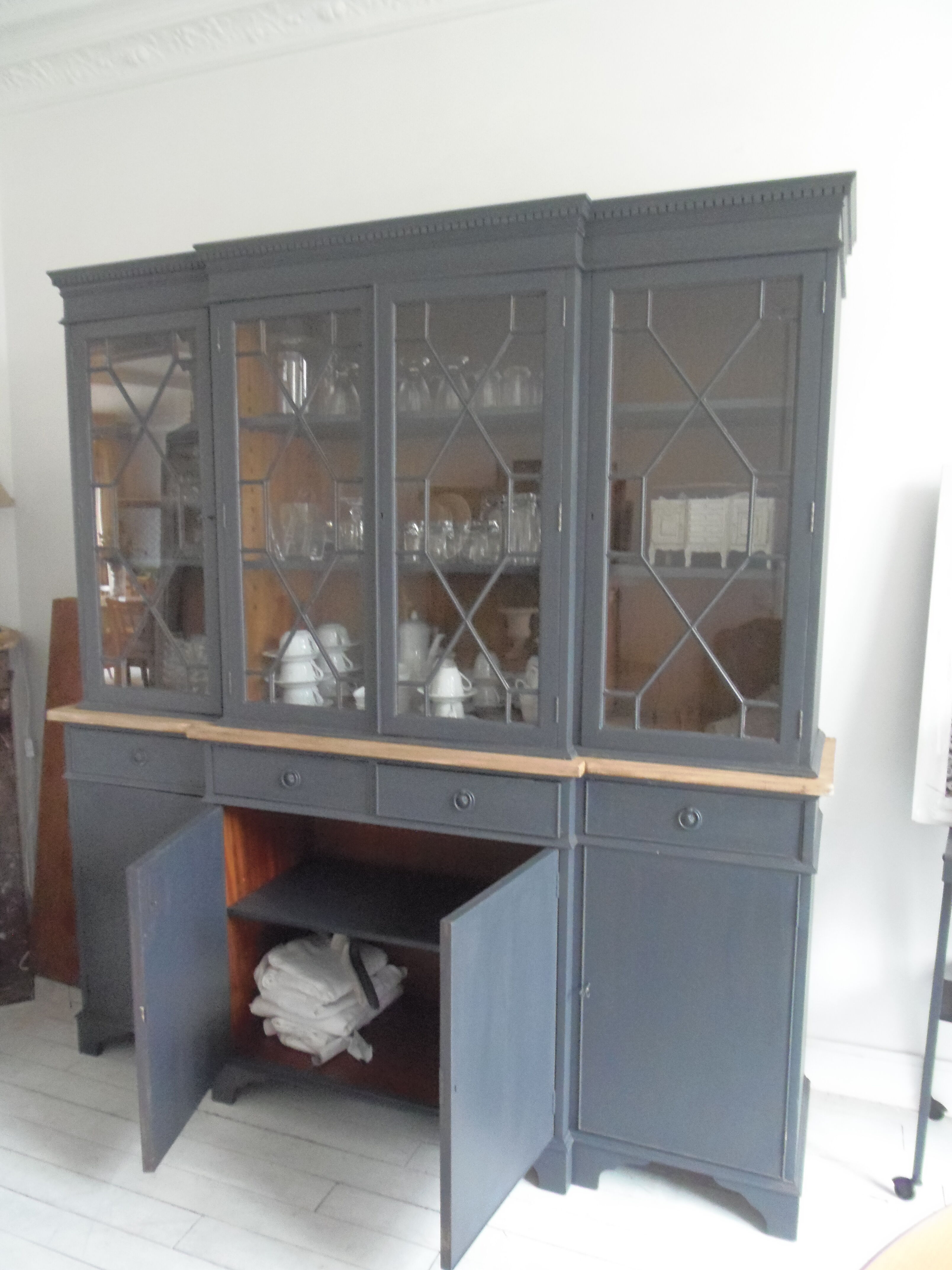 Slate grey china cabinet with wood interior