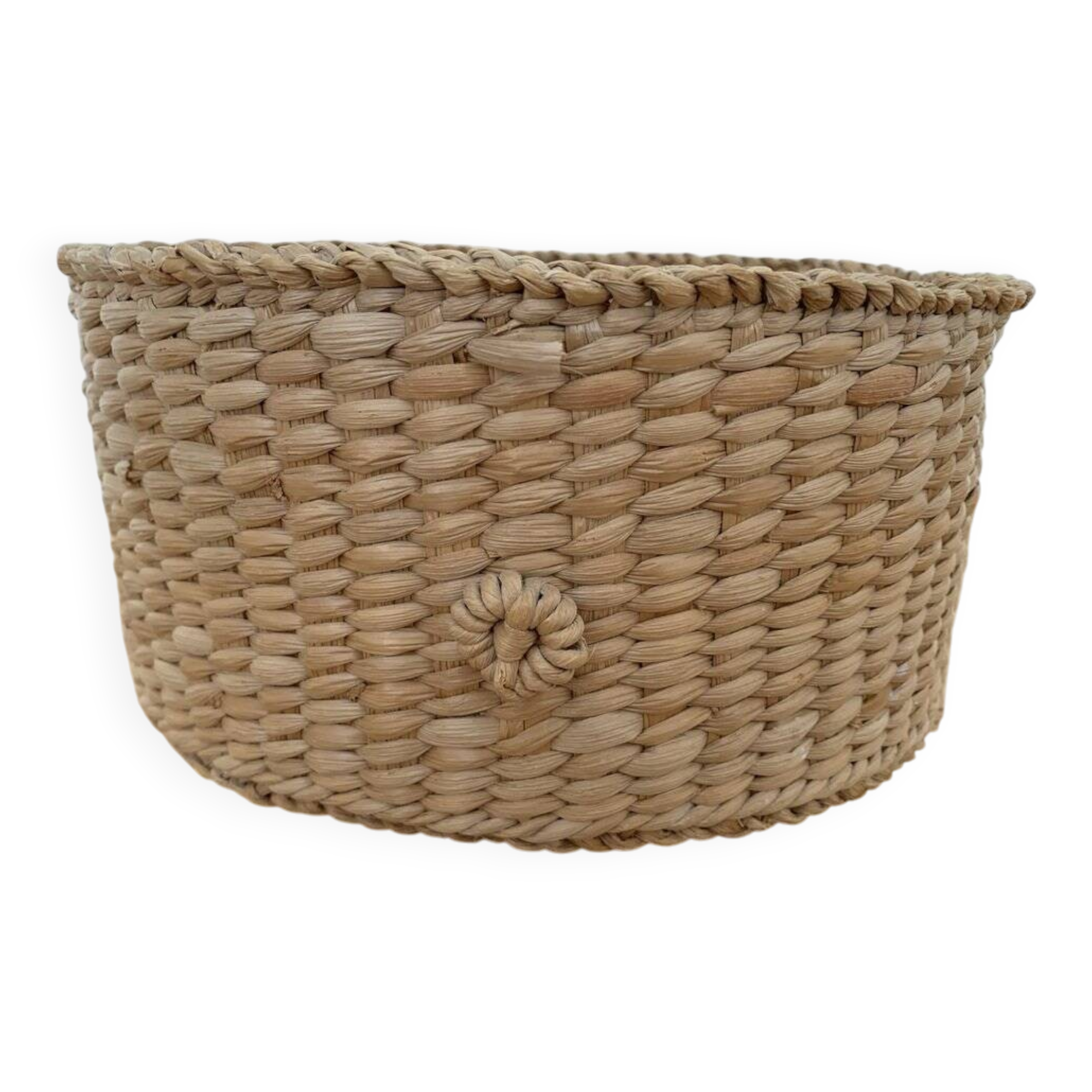 Small oval woven basket in natural blonde wicker — vintage, Czech Republic 1980s