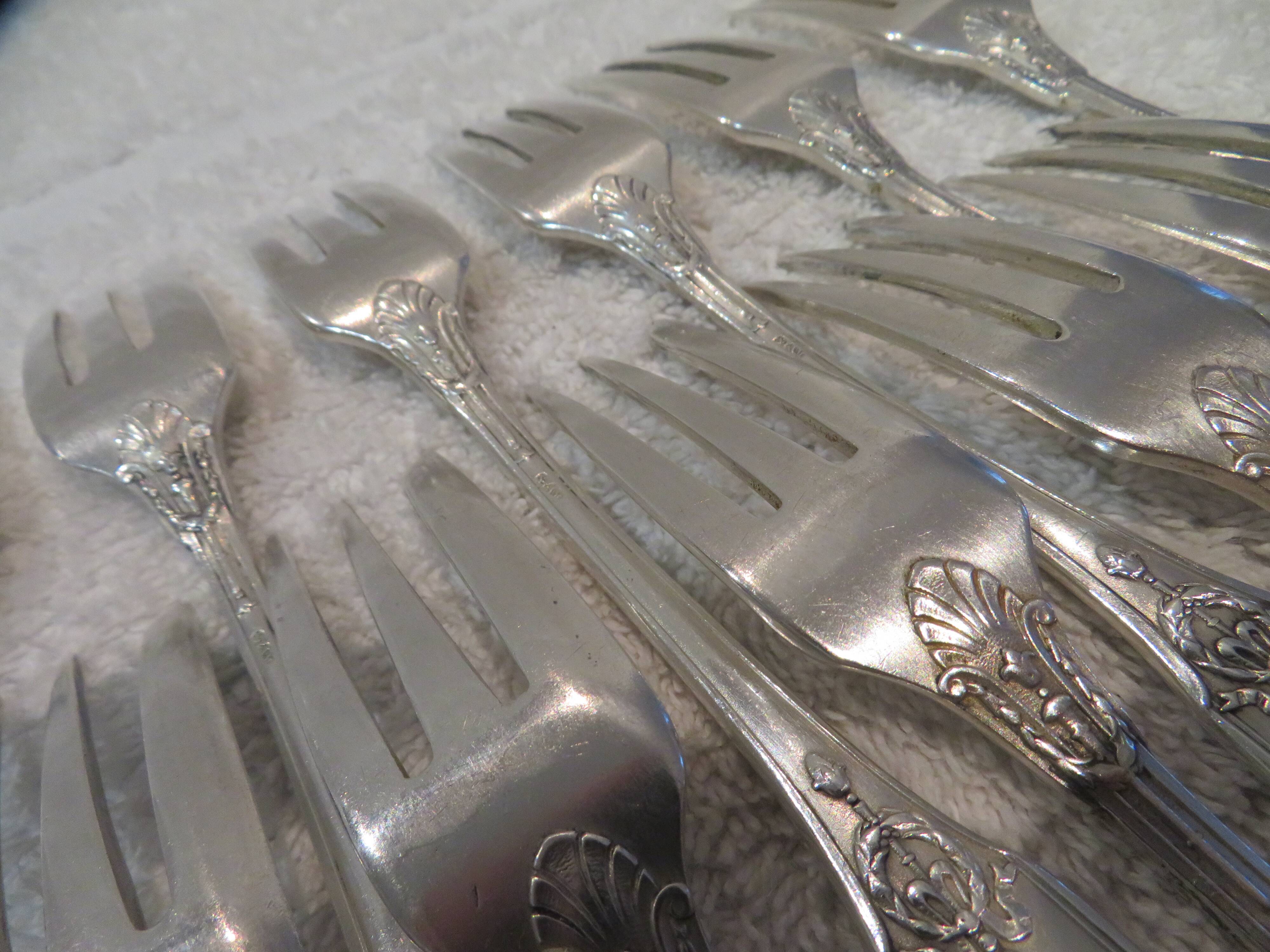 12 silver plated cake forks, goldsmith sfam, empire style