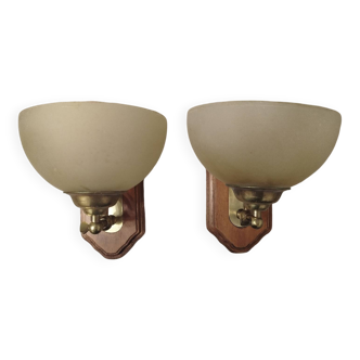 Pair of vintage wood and glass wall lights