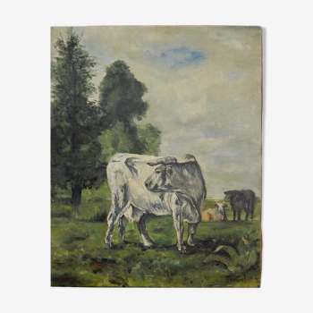 Huile sur toile peinture troupeau de vaches au pré
