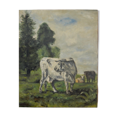 Huile sur toile peinture troupeau de vaches au pré