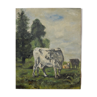 Huile sur toile peinture troupeau de vaches au pré