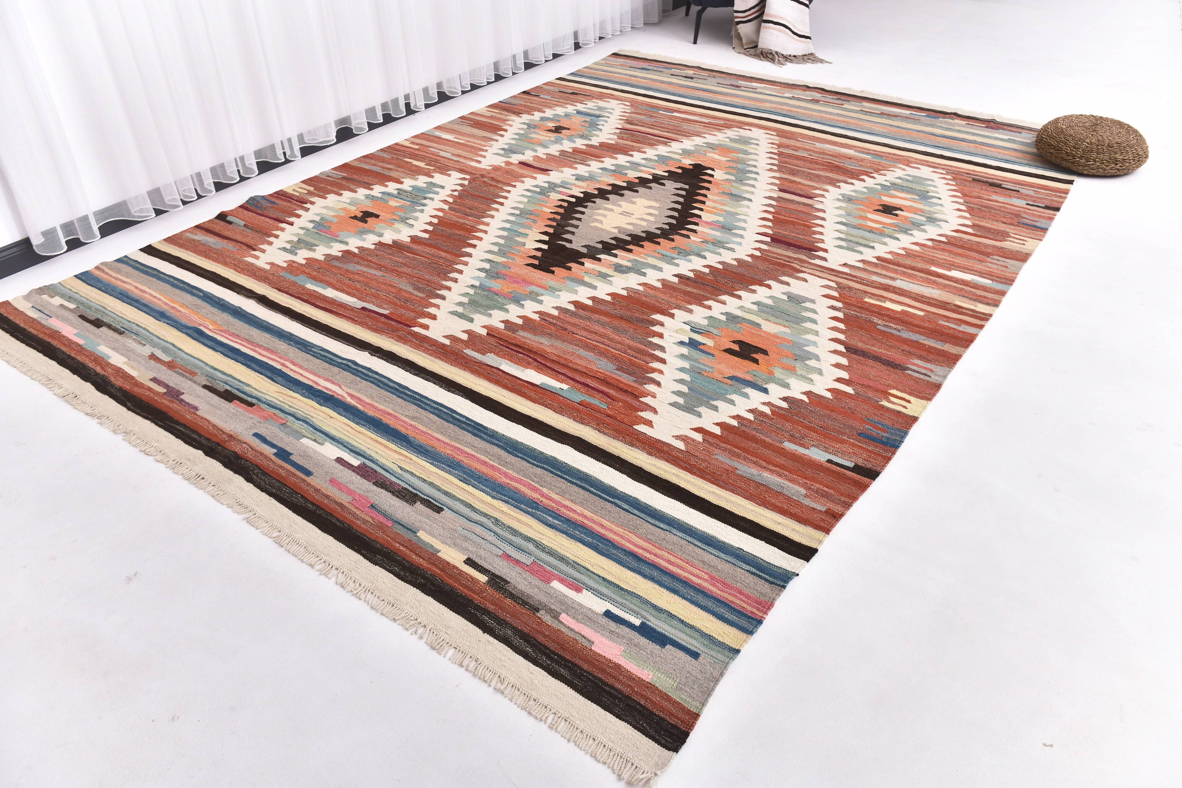 Large Woll Kilim Rug, Red Vintage Turkish kilim carpet 260x360 cm