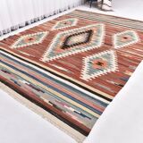 Large Woll Kilim Rug, Red Vintage Turkish kilim carpet 260x360 cm