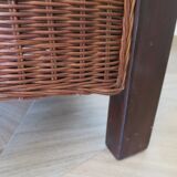 Vintage colonial-style armchair in woven rattan and exotic wood