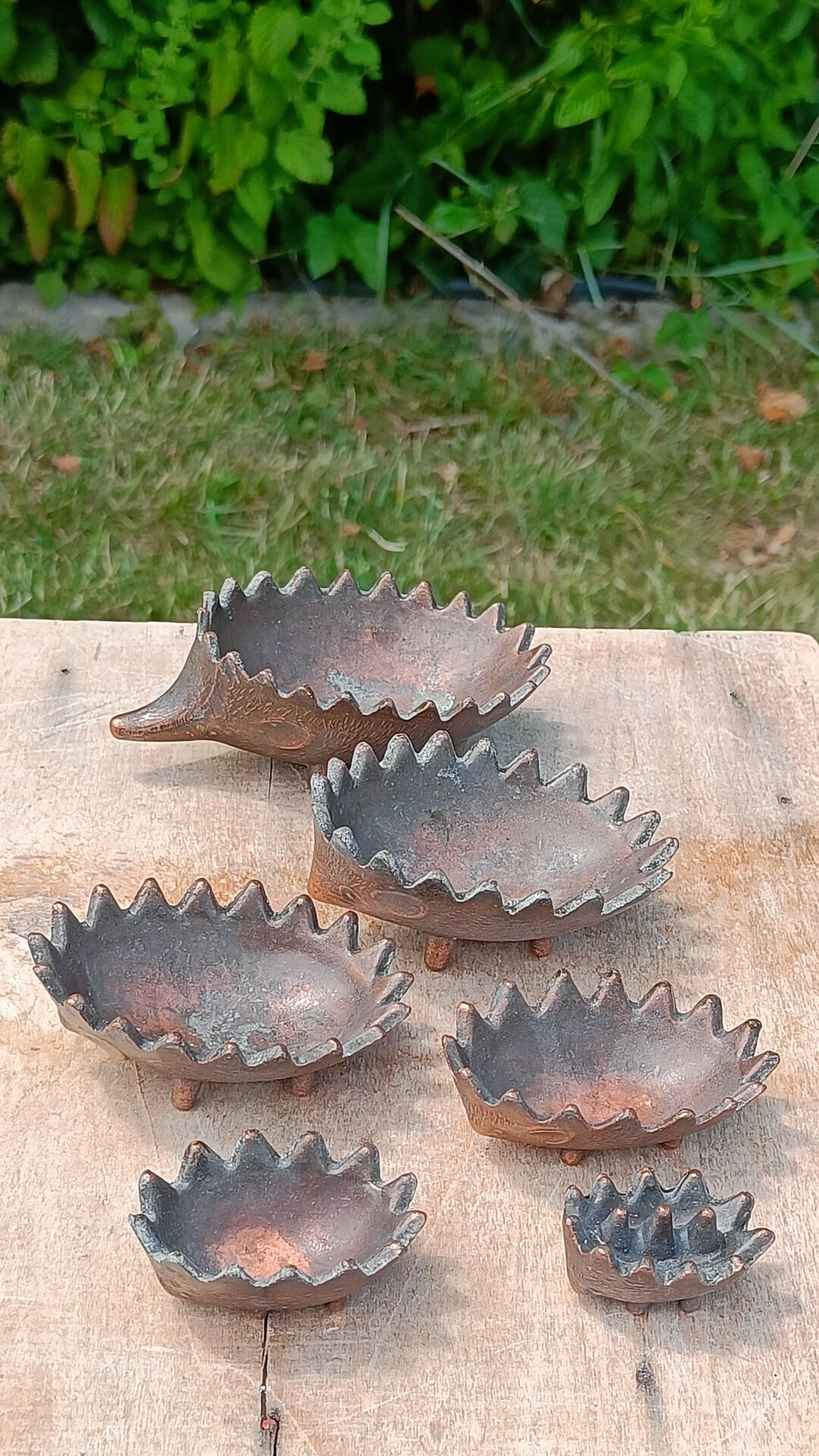 Vintage patinated metal hedgehog ashtrays – Greece