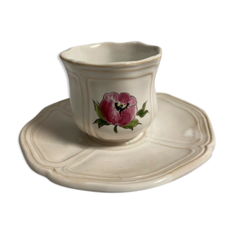 Cup and under cup in hand-painted earthenware pink decoration Pierre Motton made in France