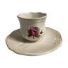 Cup and under cup in hand-painted earthenware pink decoration Pierre Motton made in France
