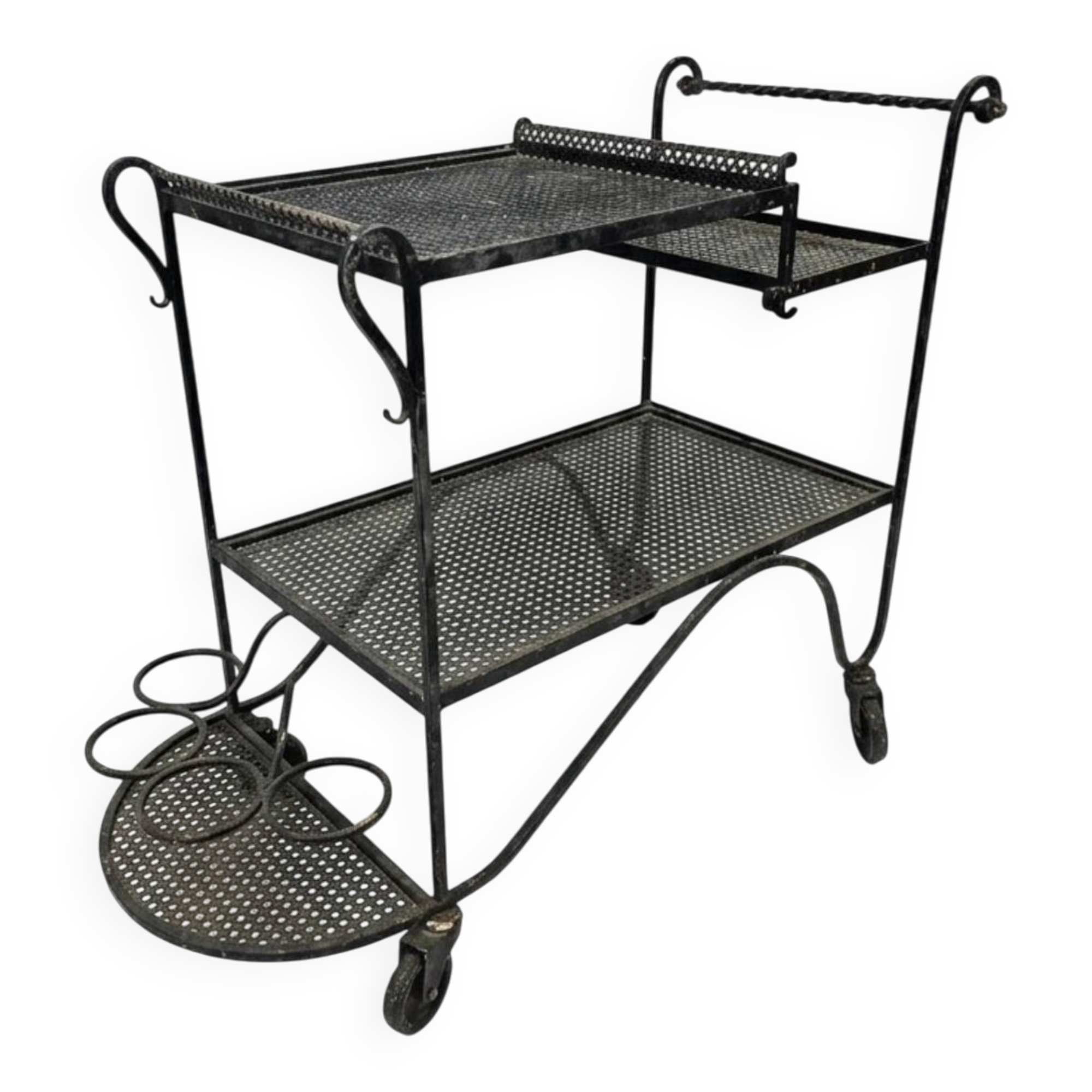 Perforated wrought iron rolling dessert trolley