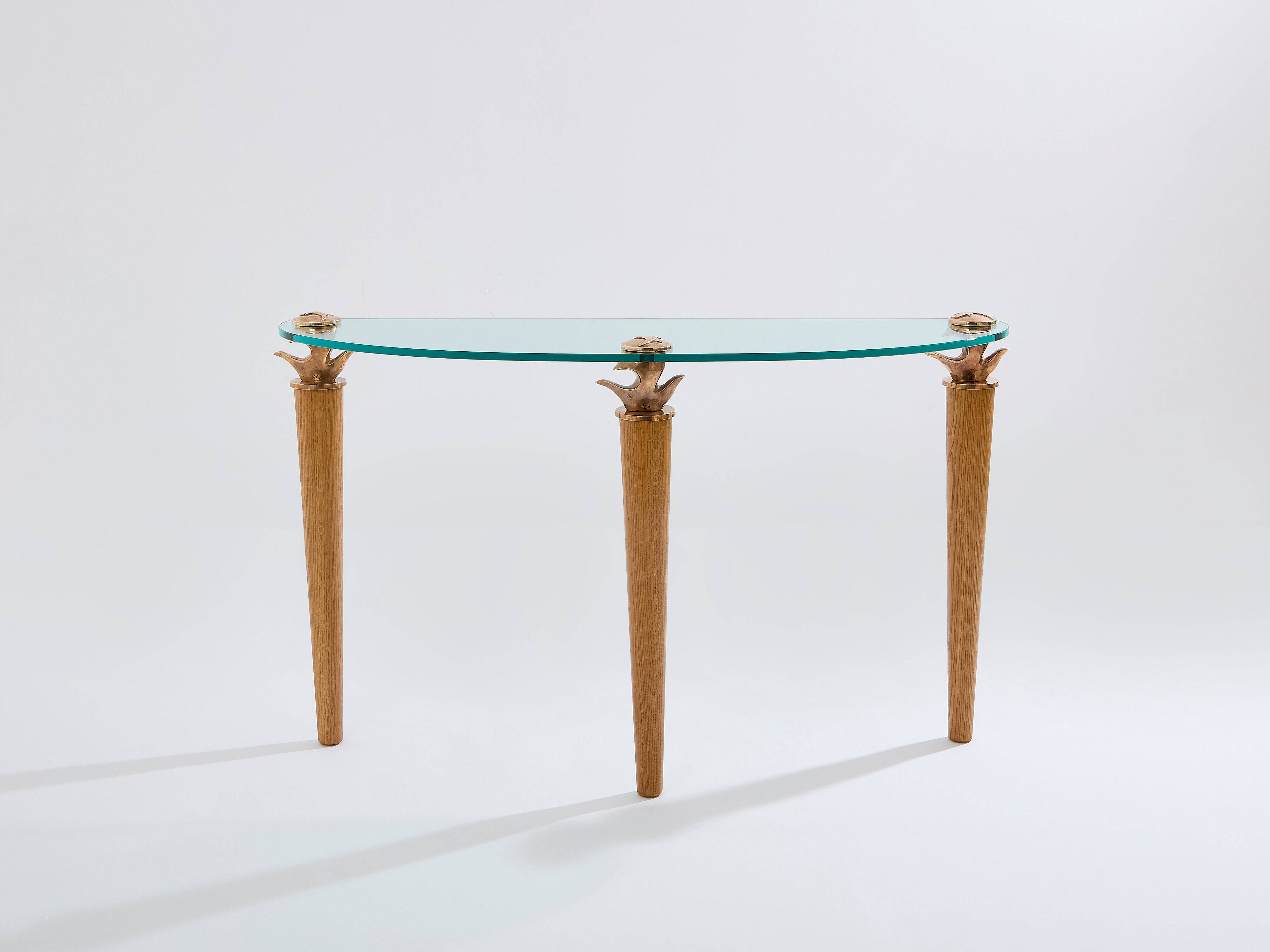 Console chêne massif et bronze verre signée Garouste & Bonetti 1995