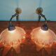 Pair of pendant lights in bronze and scalloped transparent glass