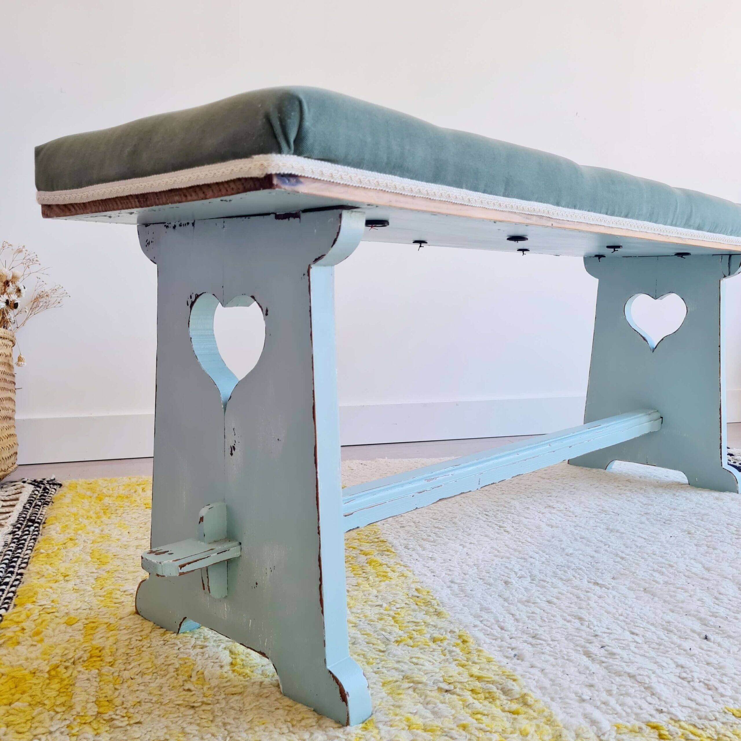 Antique blue velvet wooden bench - heart-shaped bench