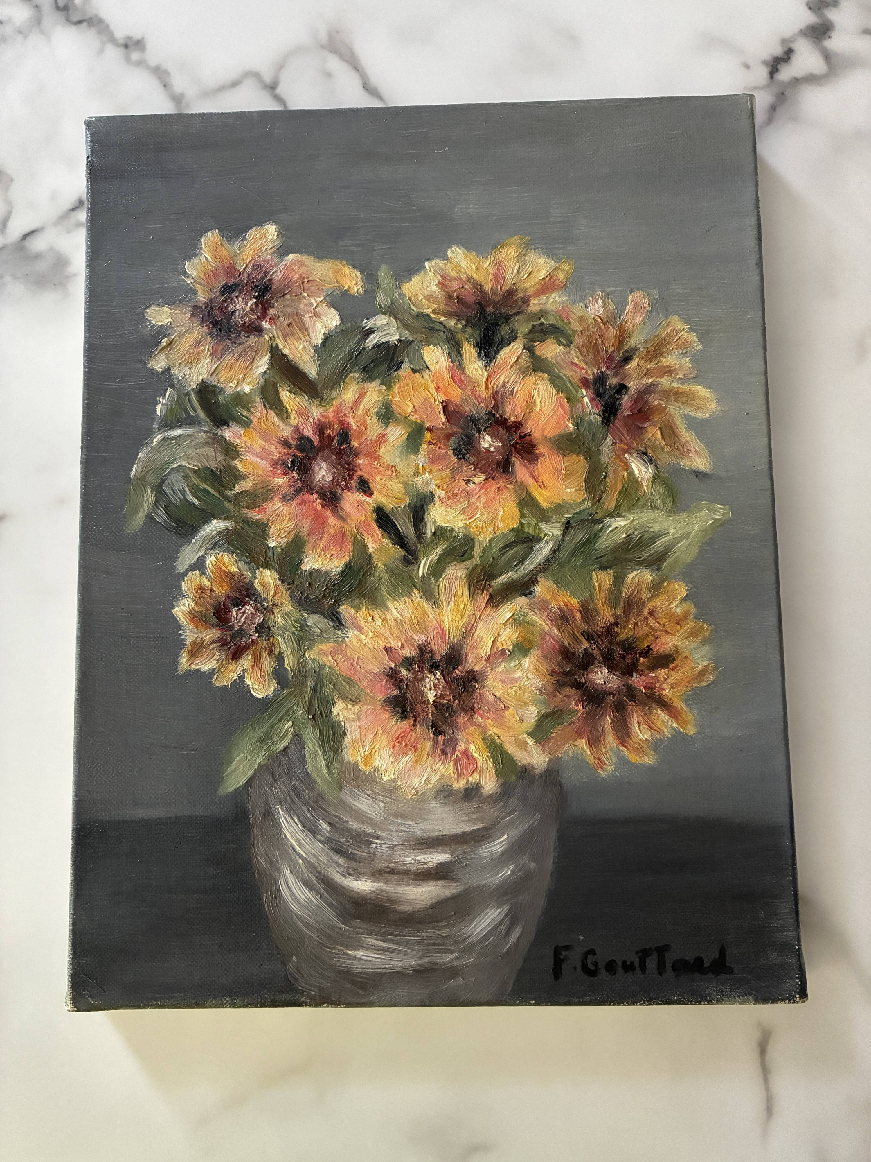 Tableau ancien huile sur toile bouquet de fleurs