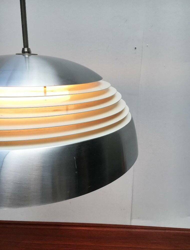 German pendant lamp in aluminium and glass from the Mid-Century space by Doria, 1960s.