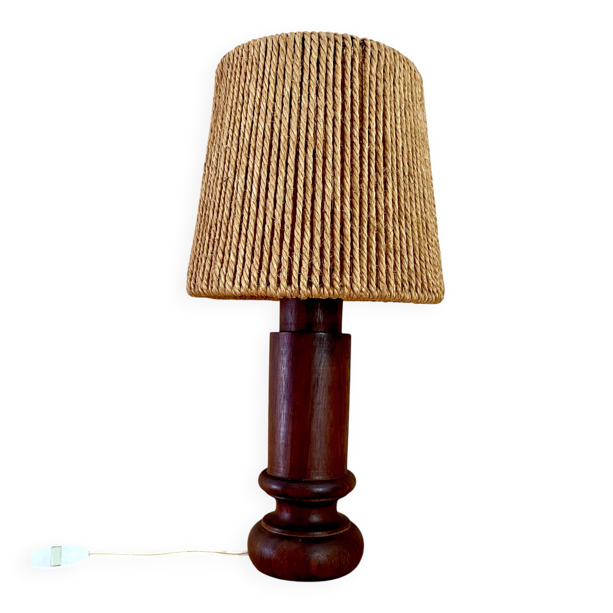Lampe bois, câble tissu, abat-jour coco années 70