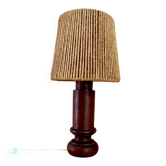 Wood lamp, fabric cable, 1970s coconut lampshade.