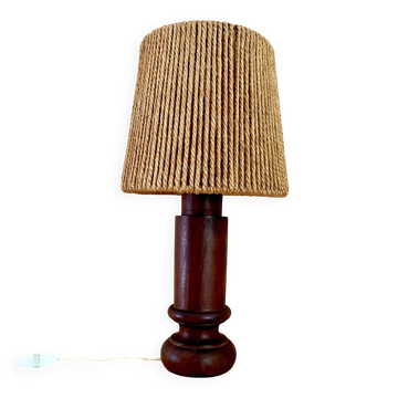 Lampe bois, câble tissu, abat-jour coco années 70