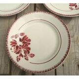 Set of 7 flat ceramic plates Badonviller Red floral decoration