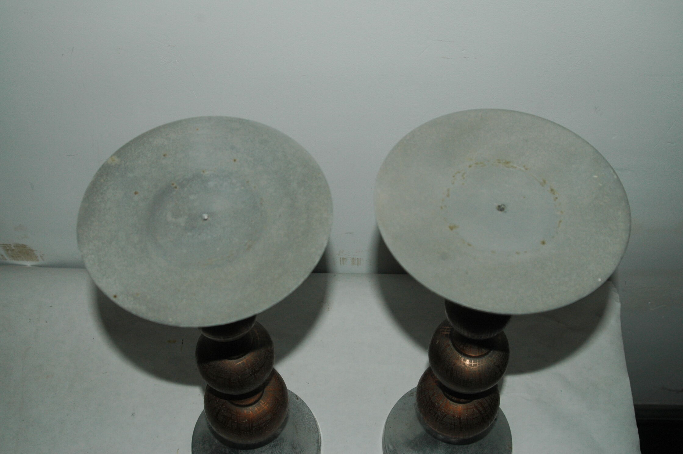 Pair of brutalist aluminum and copper candle holder