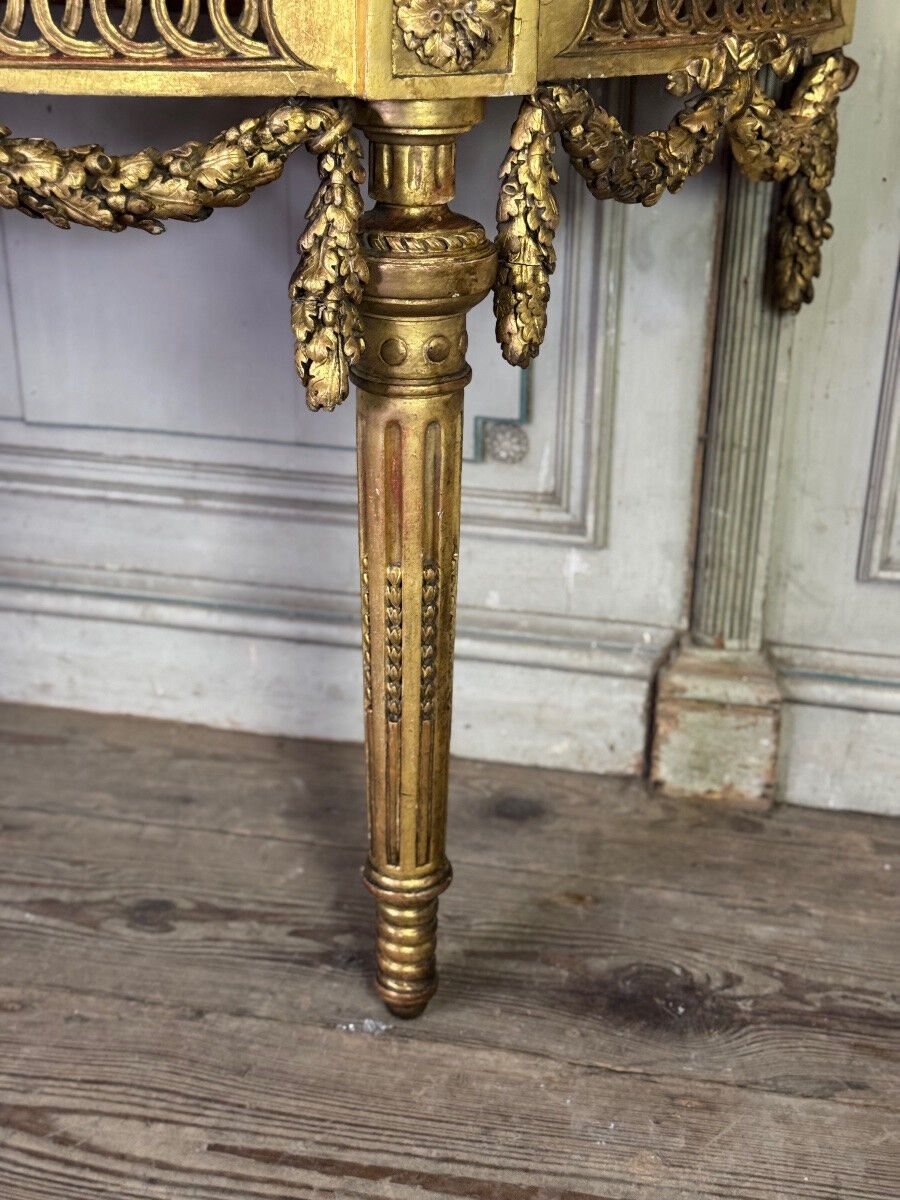 Louis XVI console table in carved and gilded wood, Jura brocatelle marble, 18th century