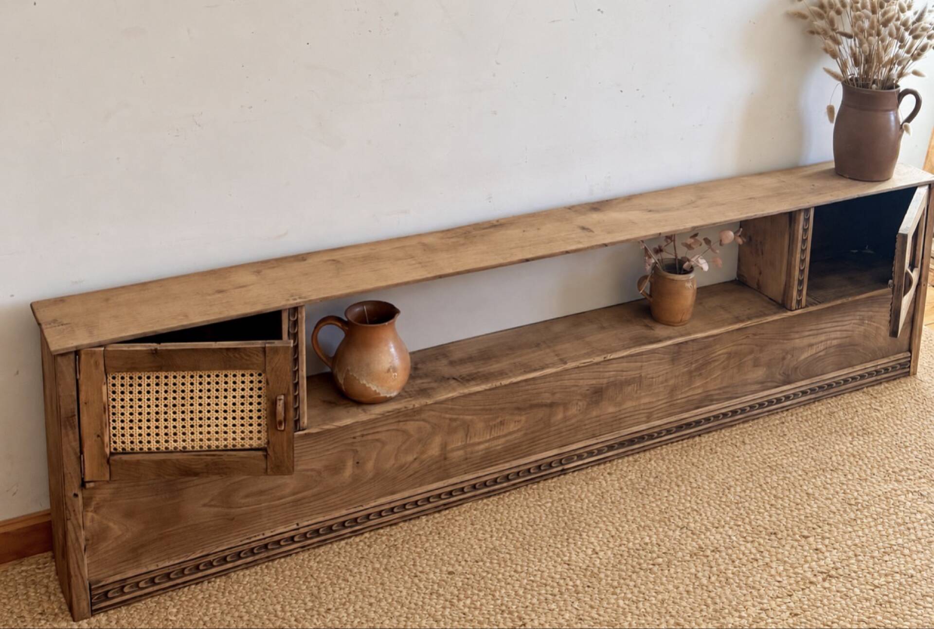 Vintage oak sideboard TV unit with raw finish and caning.