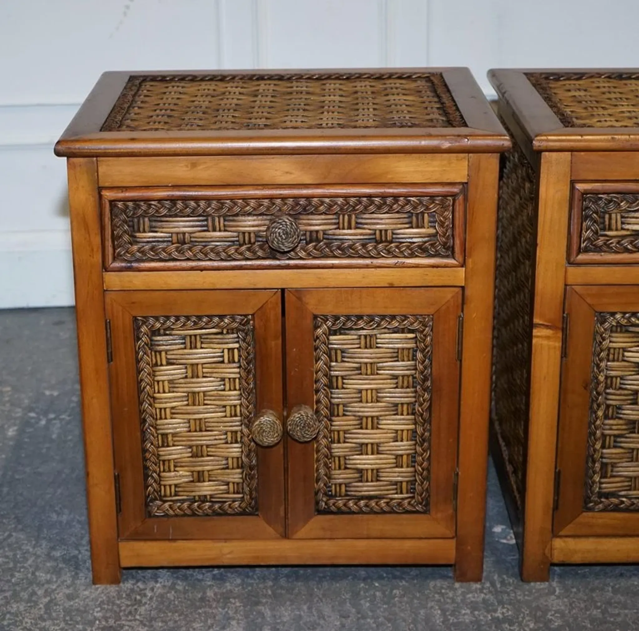 Tables de Chevet Vintage en Rotin avec Tiroir, Set de 2