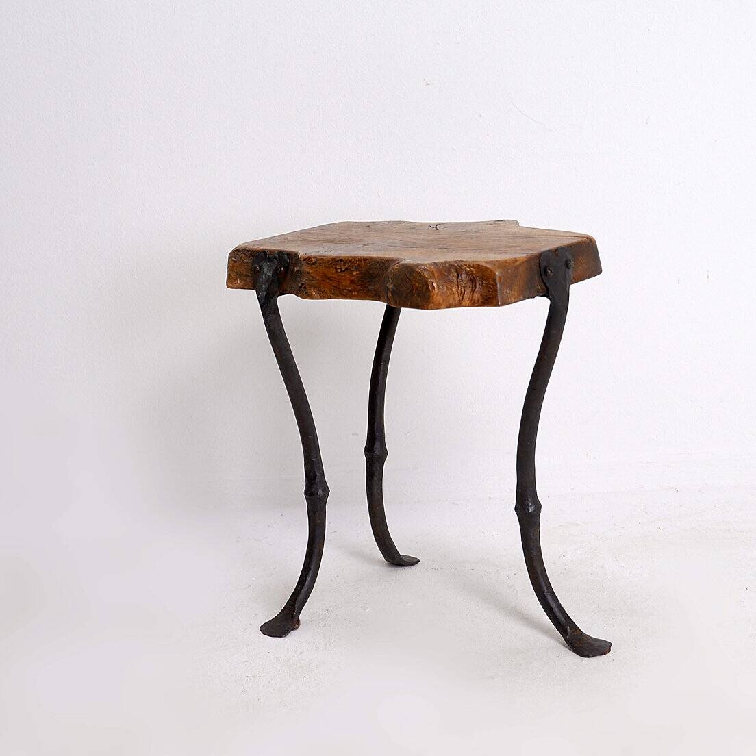 Wood and wrought iron tripod Side table - 1960s