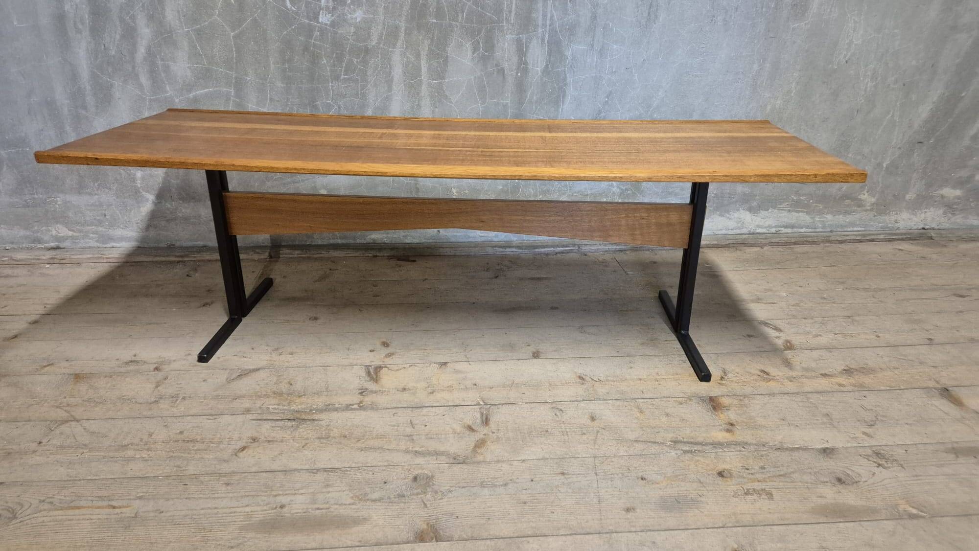 Vintage rectangular coffee table with a wooden top and black metal base, 1960s.