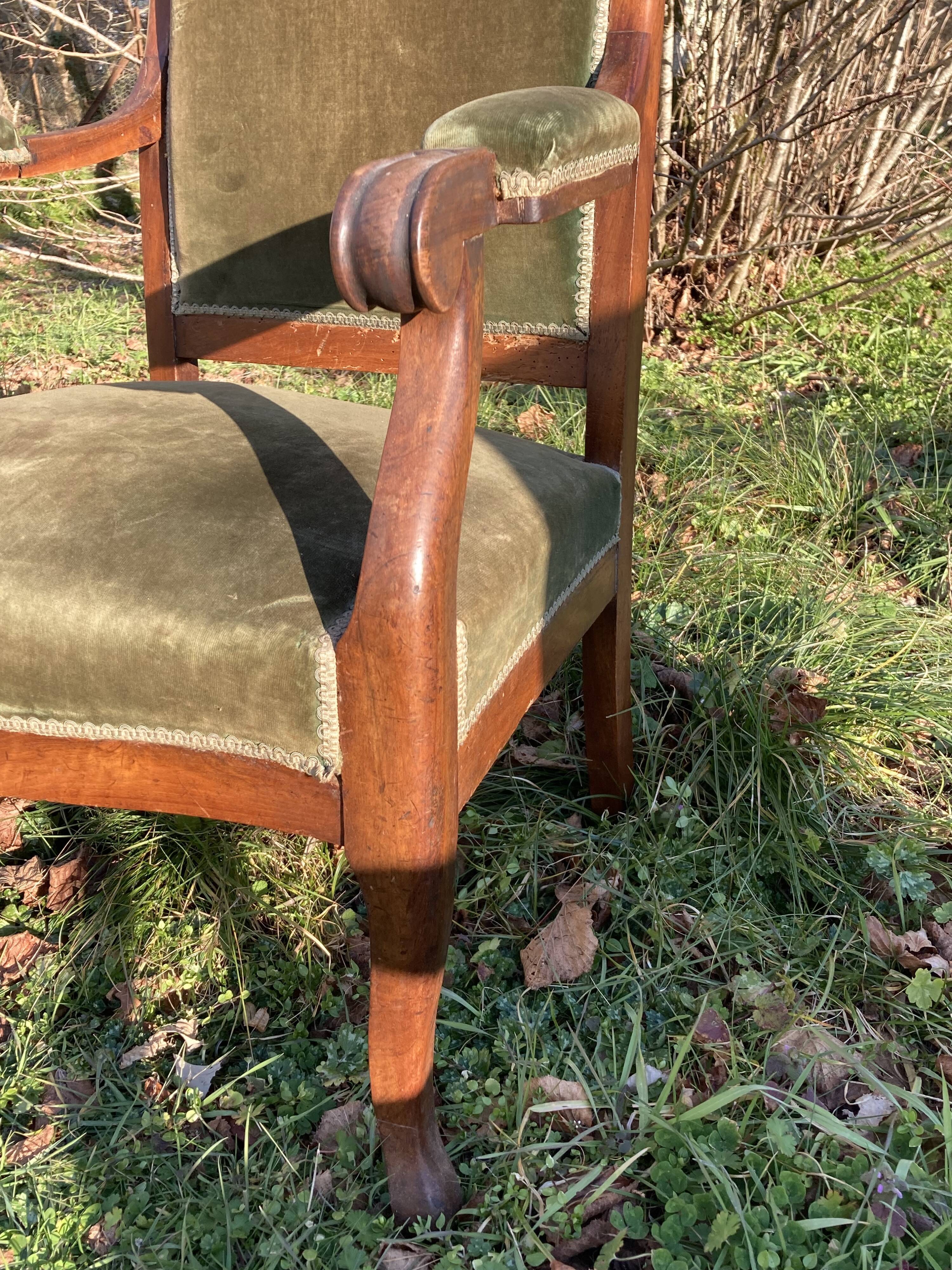 Antique Voltaire armchair in wood and green velvet Louis Philippe