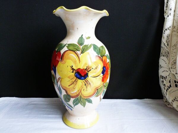 Vase à fleurs, vase français en faïence peint mains, vase décor floral.