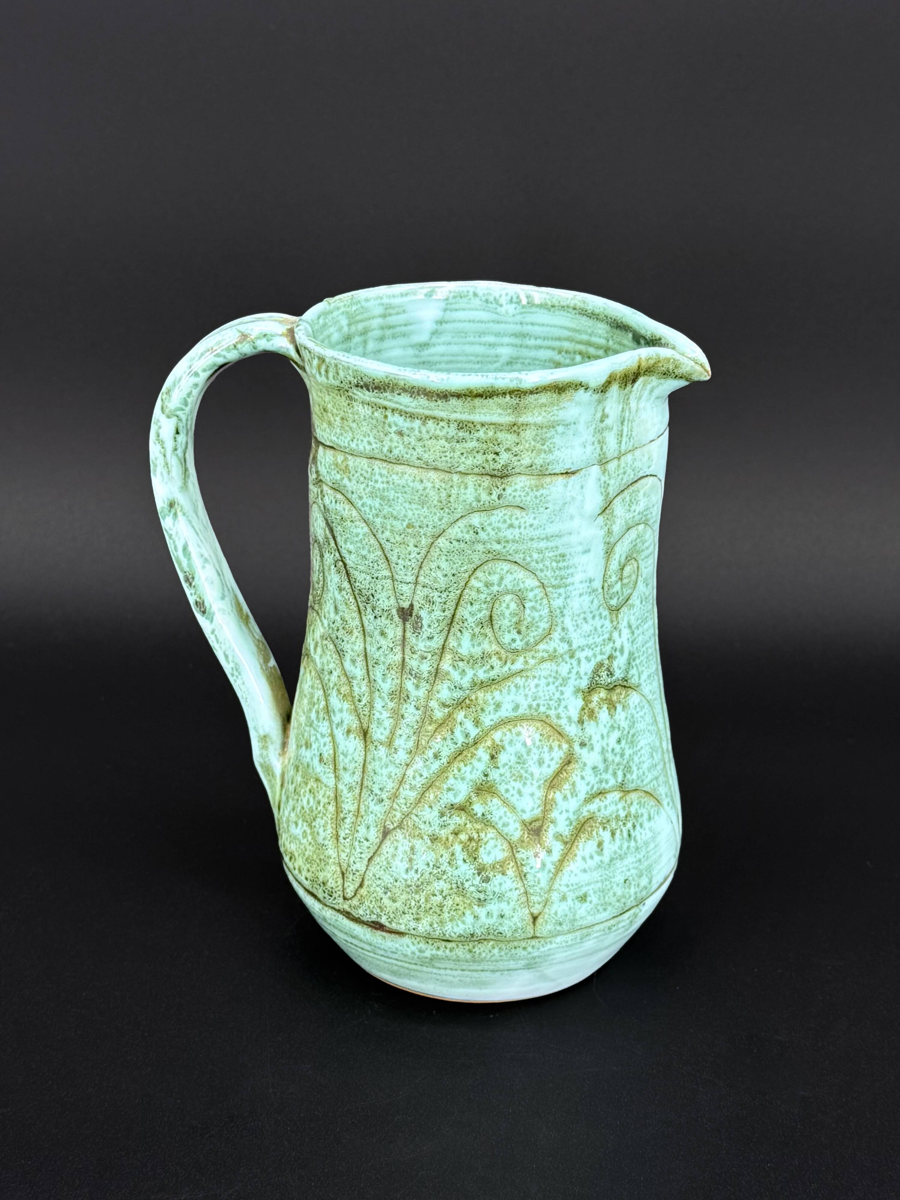 Turquoise green glazed stoneware pitcher – signed, France, 1970