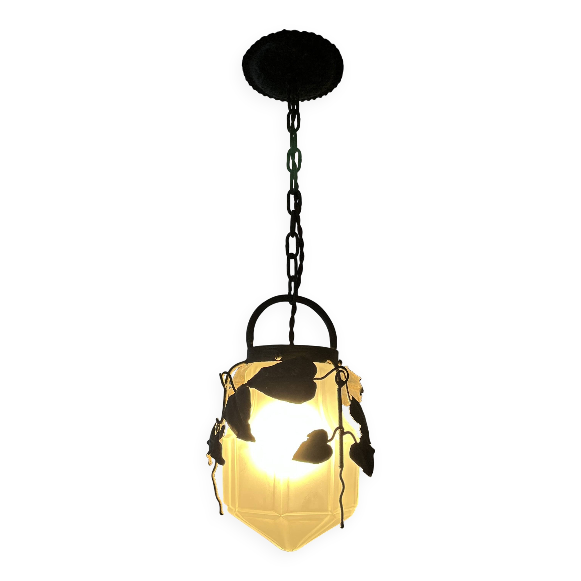 Antique glass and wrought iron pendant light with ivy decor Art Deco chandelier globe