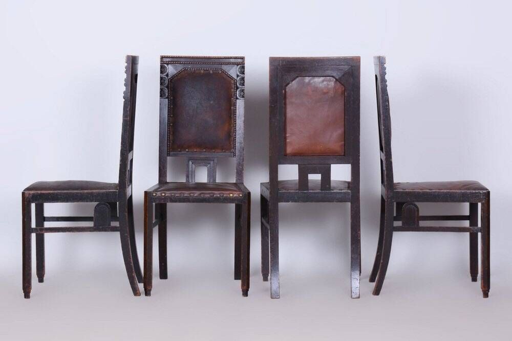 Czech Cubist Chairs in Oak and Red Leather by Josef Gočár, 1910s, Set of 4