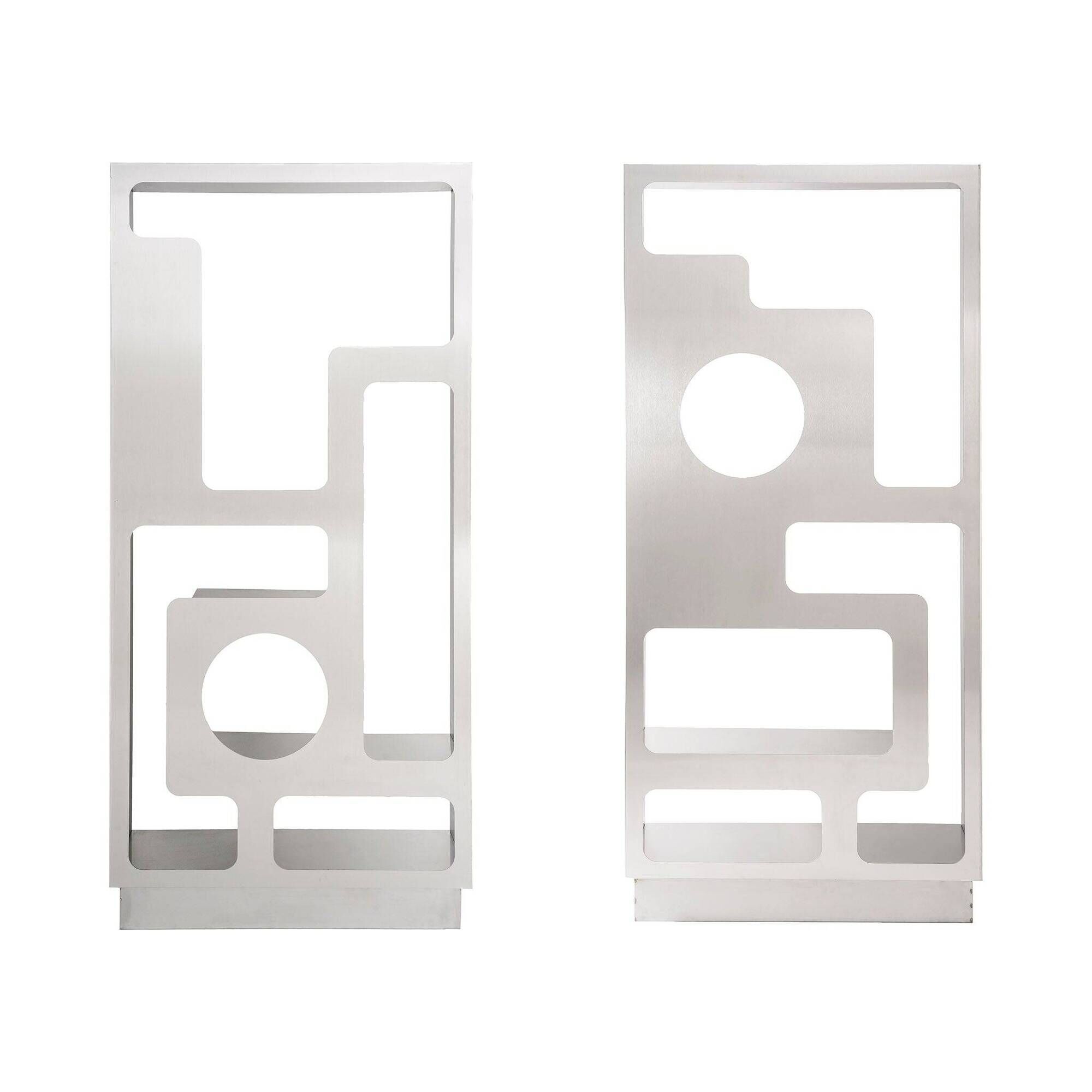 Pair of perforated brushed stainless steel screens, contemporary French work.