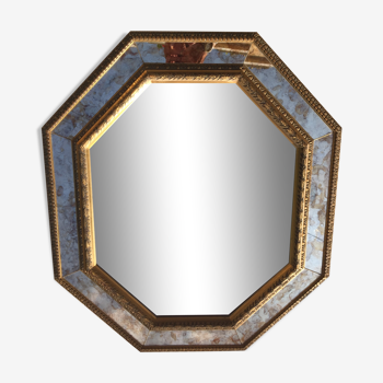 Miroir ancien en bois doré de forme octogonale biseauté 72 x 63 cm