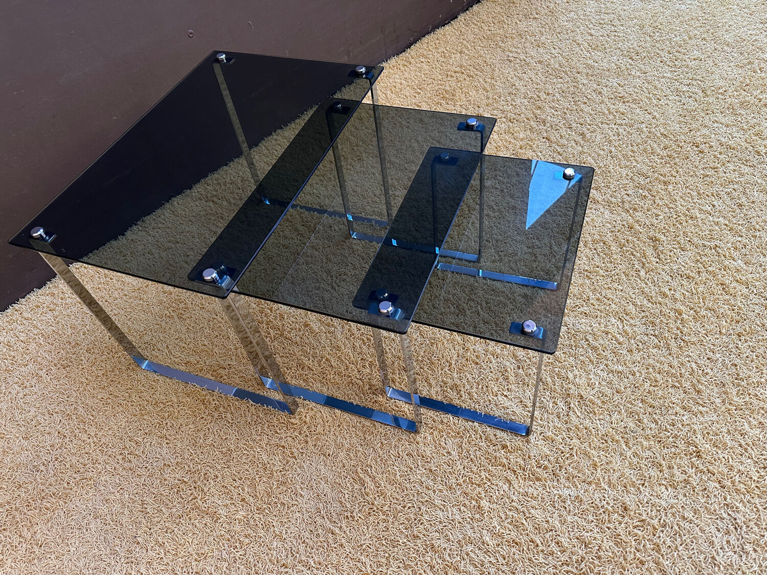 Set of 3 nesting tables in metal and smoked glass