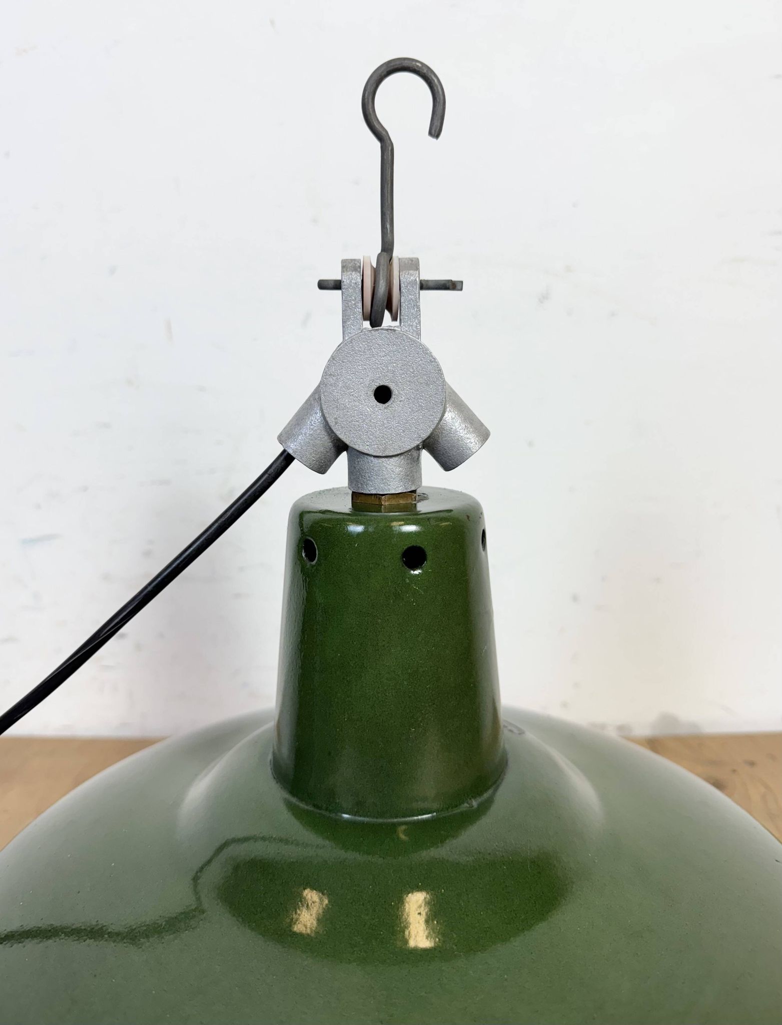 Industrial French Green Enamel Factory Pendant Lamp, 1960s