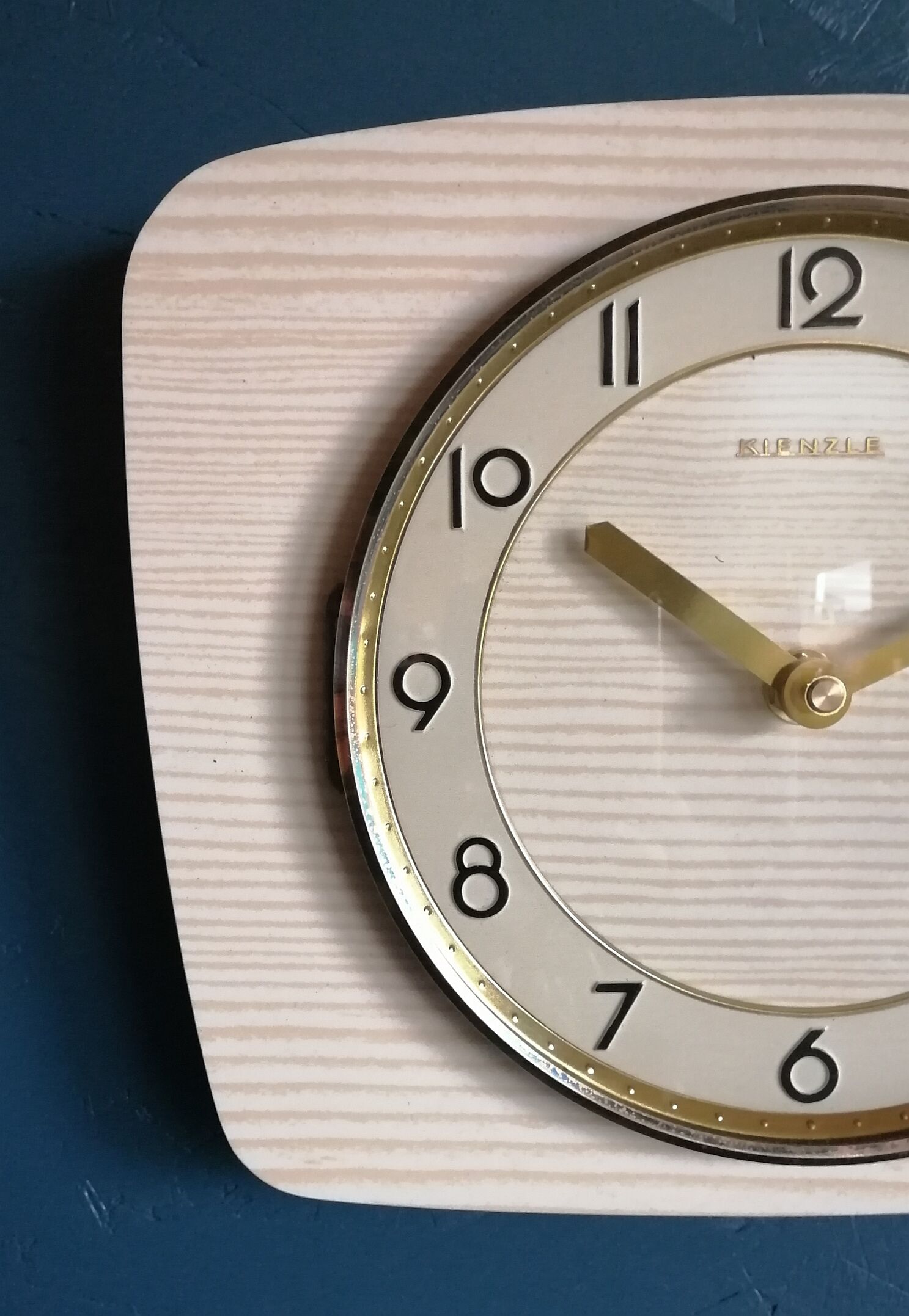 Vintage clock formica silent rectangular wall clock "Kienzle gilded wood"