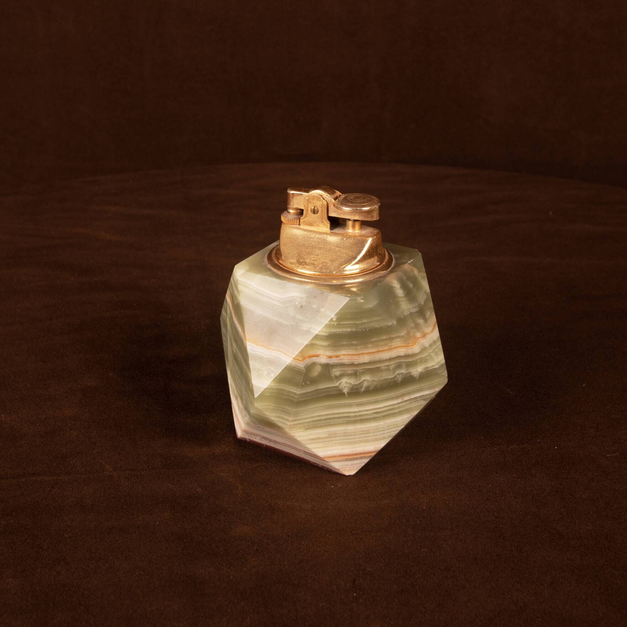 Italian Geometric Green Onyx and Brass Table Lighter, 1970