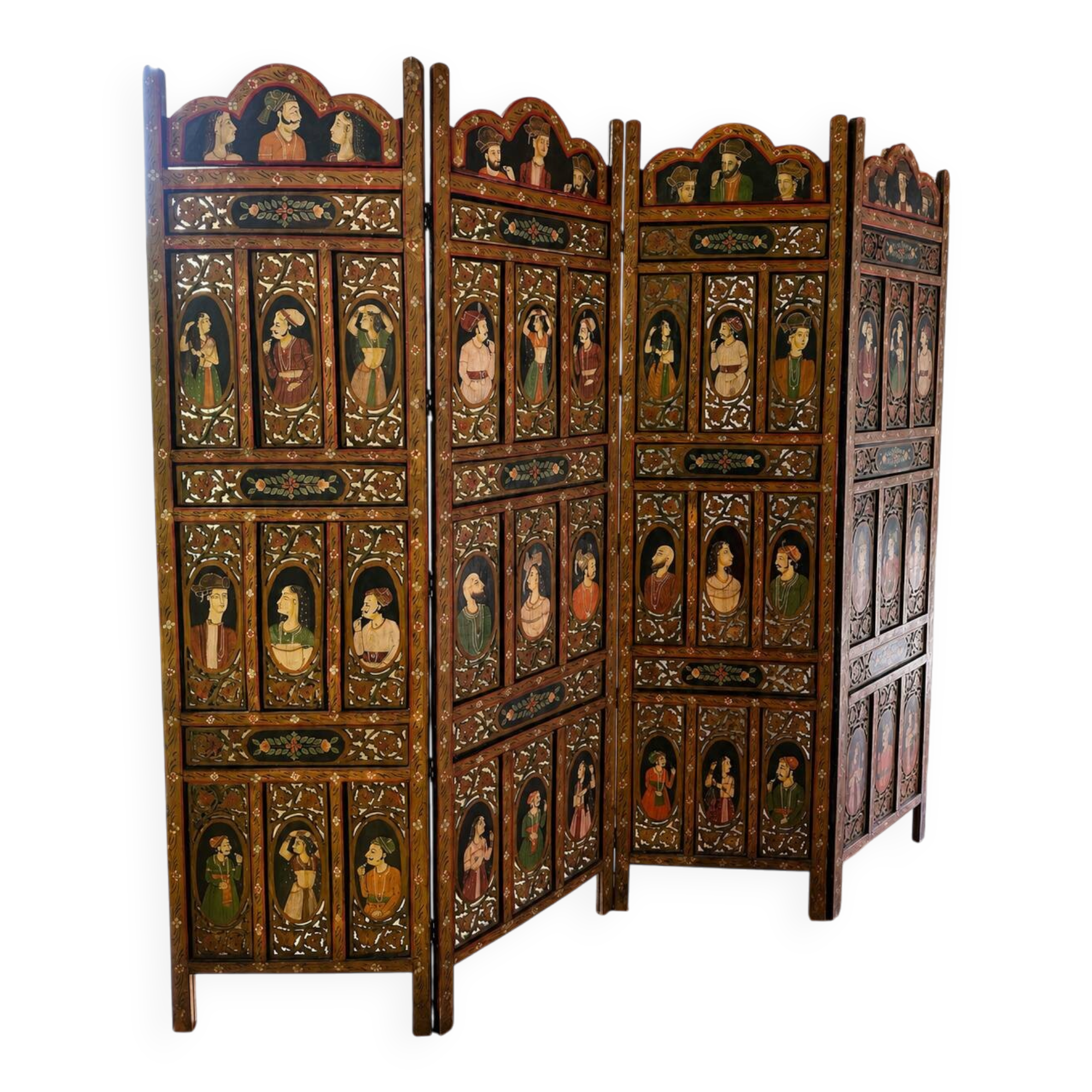 Paravent ancien indo-oriental en bois peint à la main