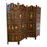 Large antique Indo-Oriental folding screen made of hand-painted wood – rare piece