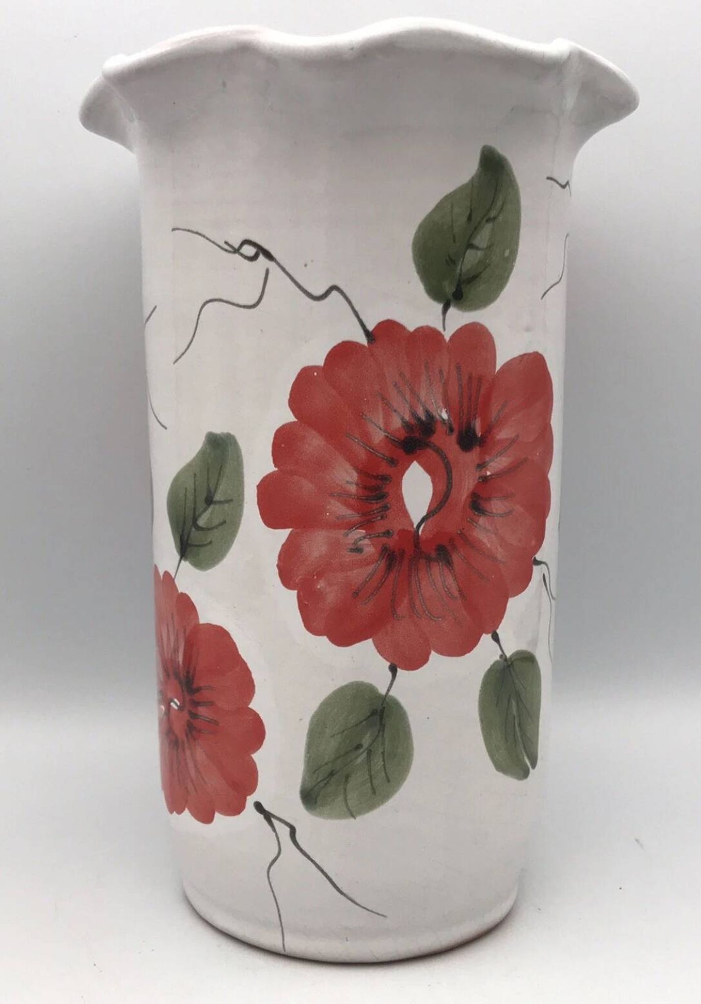 Vase, vintage glazed terracotta pottery, with signed floral decoration