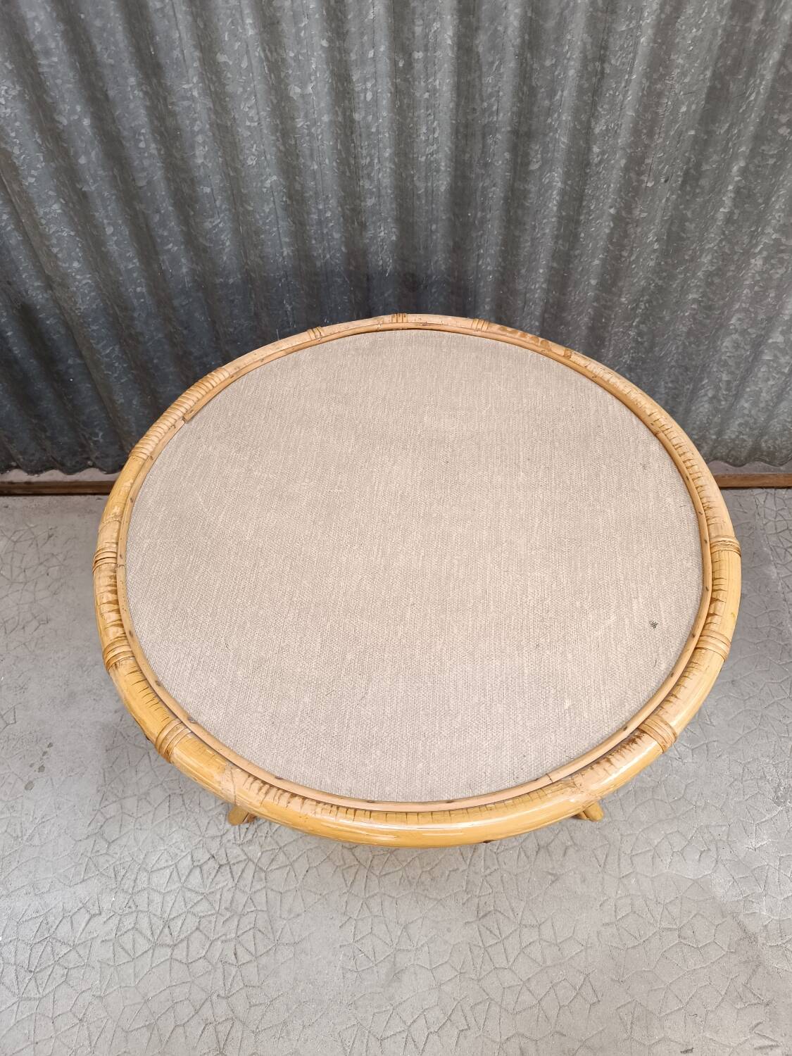 Vintage rattan wicker garden furniture set with 2 shell armchairs and a bar table