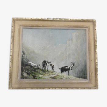 Oil painting signed mountain landscape herd of goats