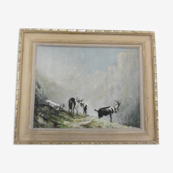 Peinture huile signée paysage de montagne troupeau de chevres